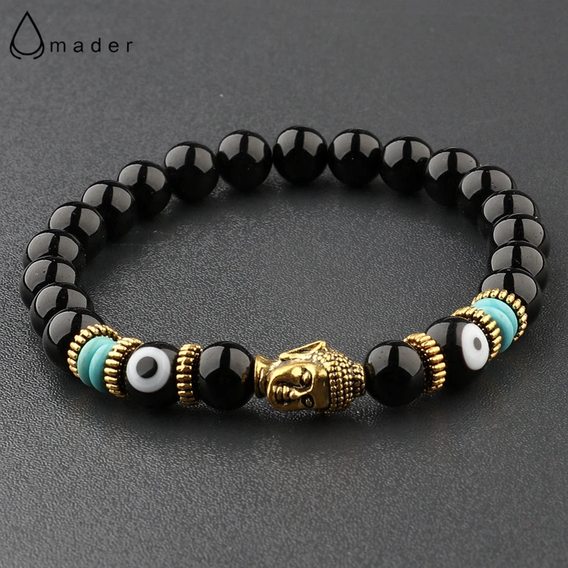 Charm Buddha&Evil Eye Bracelet Women 8mm Elastic Round Bright Black Stone Chakra Bracelets Men Erkek Bileklik Homme