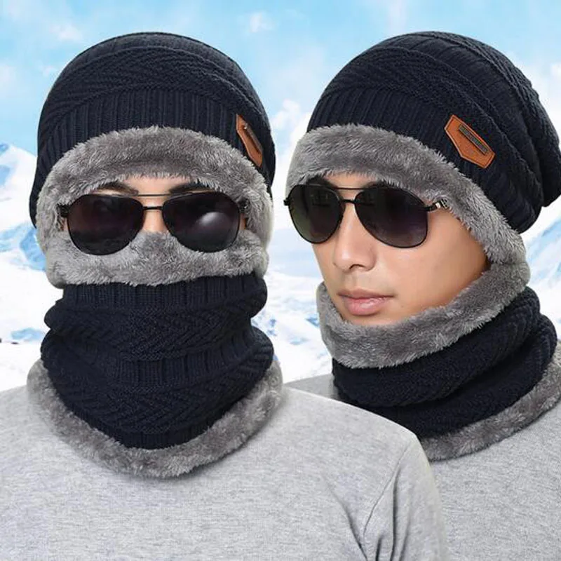Men Warm Hats Cap Scarf Winter Hat Knitting for men Caps Lady Beanie Knitted Hats Women\'s hats Ring Scarf
