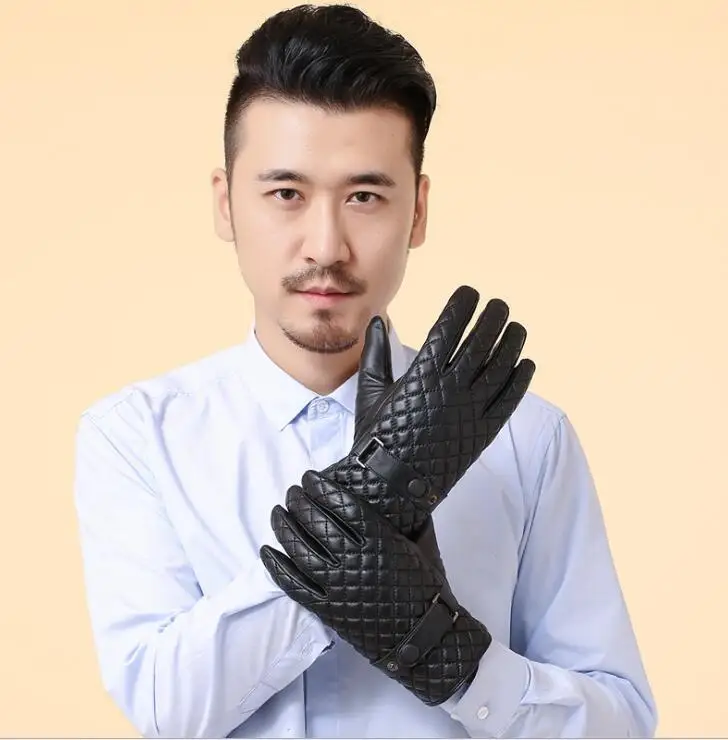 

Men's autumn and winter thicken fleece lining glove male natural sheepskin leather glove checked plaid driving glove R281