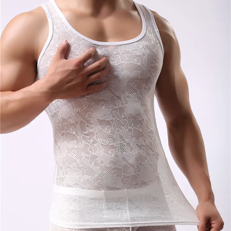 Sexy Men Undershirts Mesh Sexy Tops Tees Shirts Transparent Bodybuilding Gay Male Singlets Lace See Through Undershirts Fashion