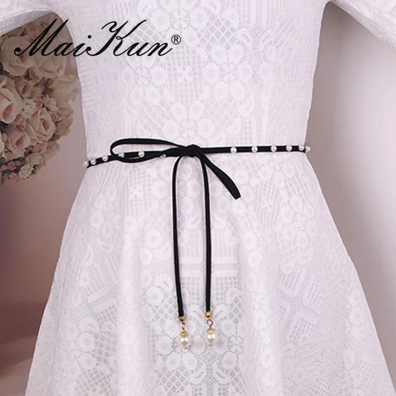 

Fashion Elegant Pearl Beads Dresses Belts for Women High Quality Leather Thin Female Belts Candy Colors