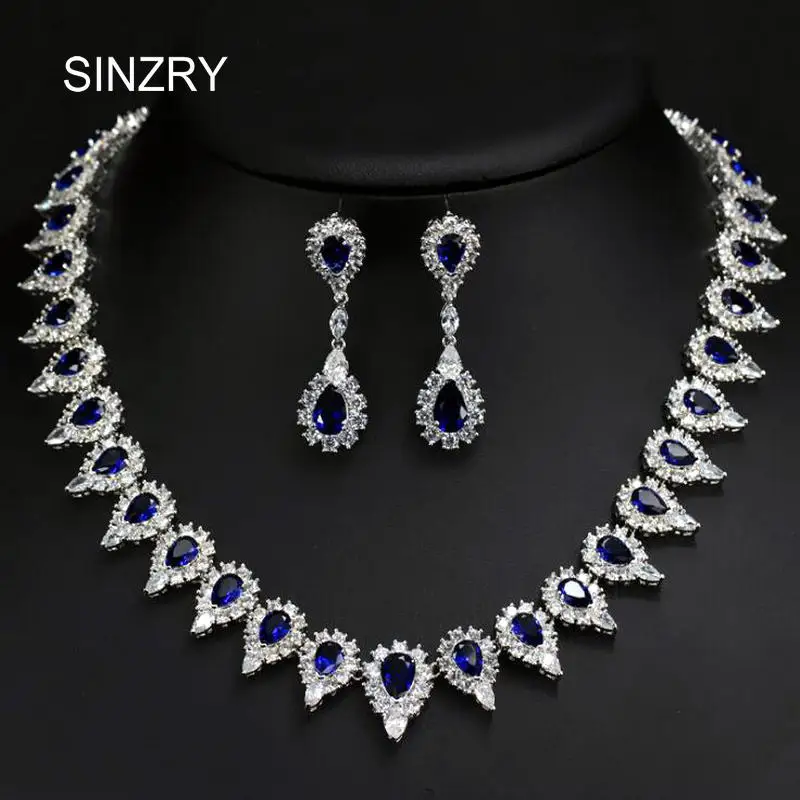 SINZRY Luxury jewelry Clear white cubic zircon micro paved pear design bridal wedding necklace earring jewelry set women