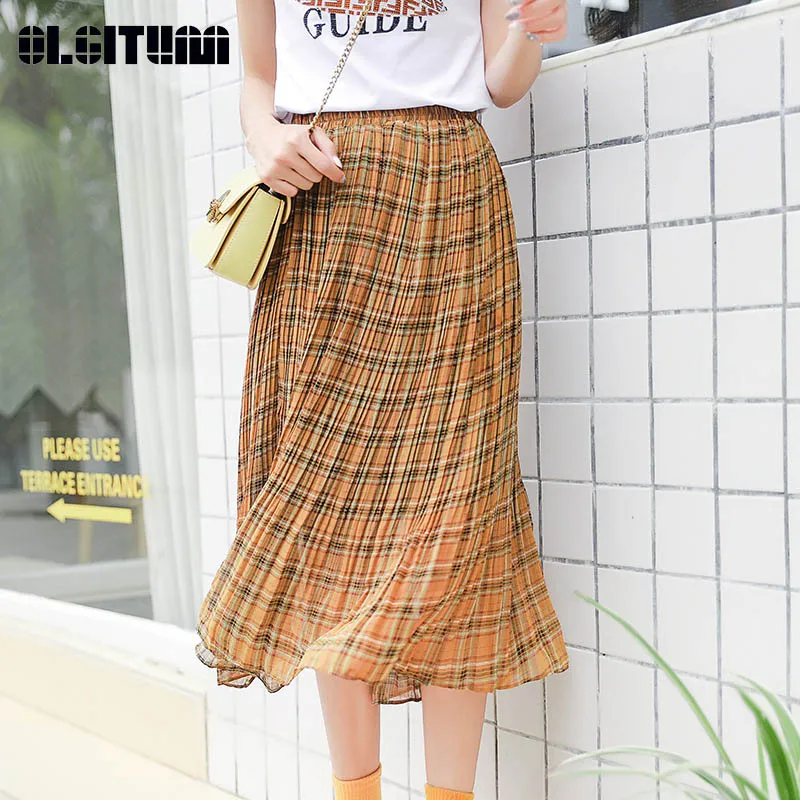 New 2020 Summer Chiffon Skirt in the Long Paragraph Over the Knee Plaid Sweet Fresh Chiffon Pleated Skirt SK351