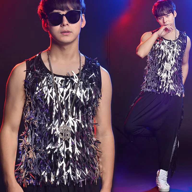 Hip Hop Dance Sequin Vest กางเกงสูท DJ นักร้องชายชุดบาร์ไนท์คลับโฮสต์ Stage Show เครื่องแต่งกายชุด DT776