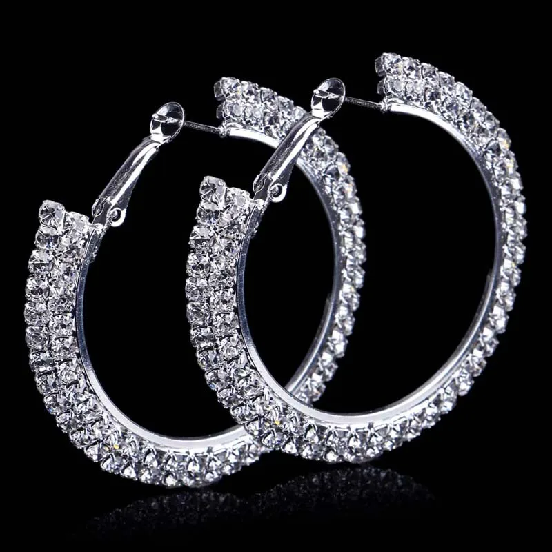 TREAZY Fashion Women Jewelry Silver Plated 40MM 2Rows Diamante Rhinestone Crystal Earrings Round Hoop Earrings Wedding Jewelry