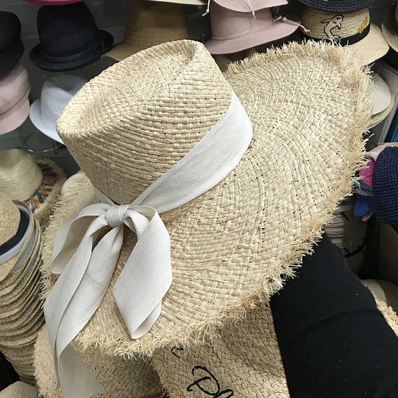 Natural Women Sun Hat Raffia Long Black Beige Ribbon Tie Sun Beach Hat Ladies Fringed Wide Brim Straw Hat Summer Travel Hat Cap