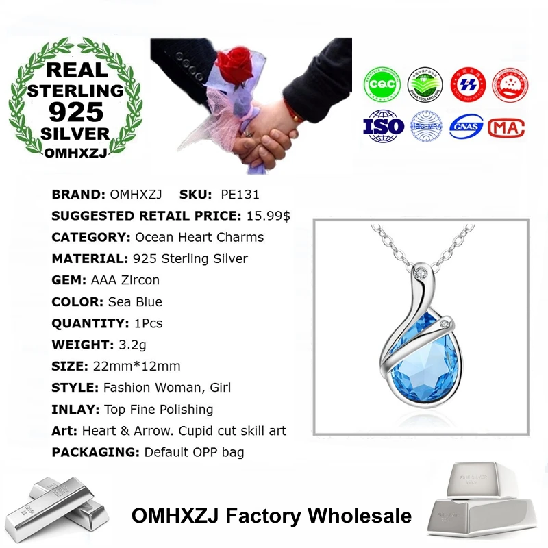 OMHXZJ Wholesale Fashion Ocean Heart Woman Girl Gift Sea Blue Zircon 925 Sterling Silver Pendant Charms PE131 NO Chain Necklace