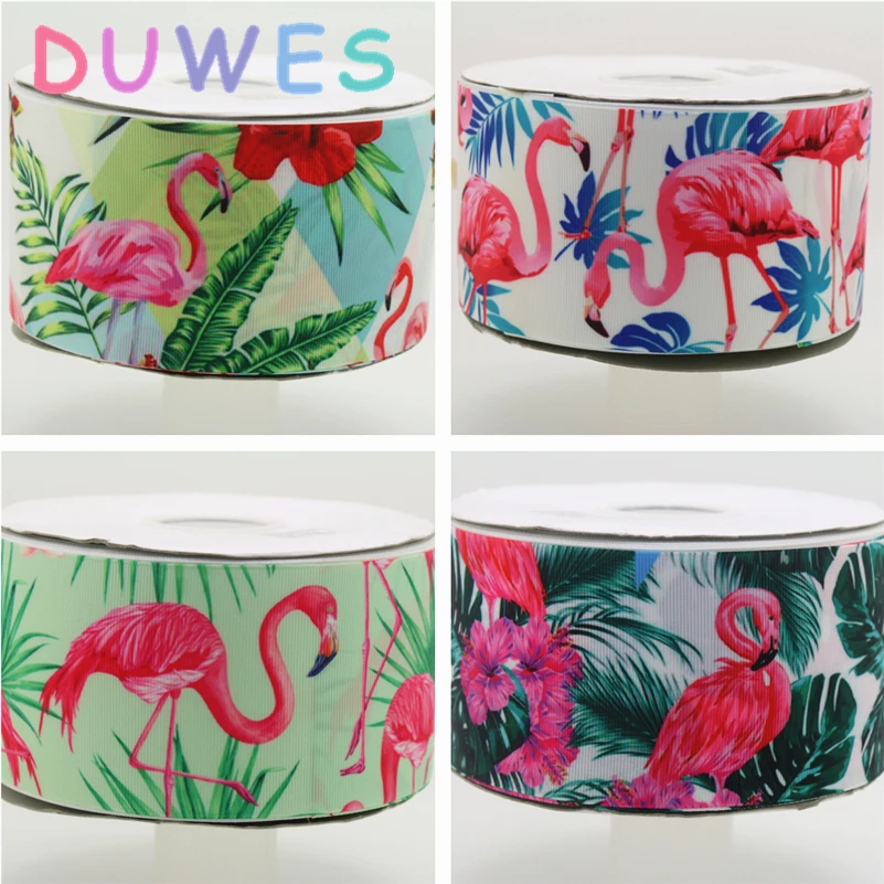 

DUWES 3'' 50yards flamingo leaf printed grosgrain Ribbon Accessory hairbow headwear decoration Wholesale OEM D866