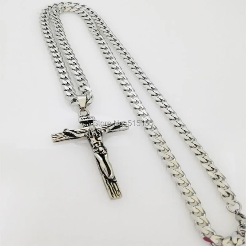 Free Shipping Charming New Punk Mens Jewelry Stainless Steel Silver Color Cross Pendant Necklace With 23.6\