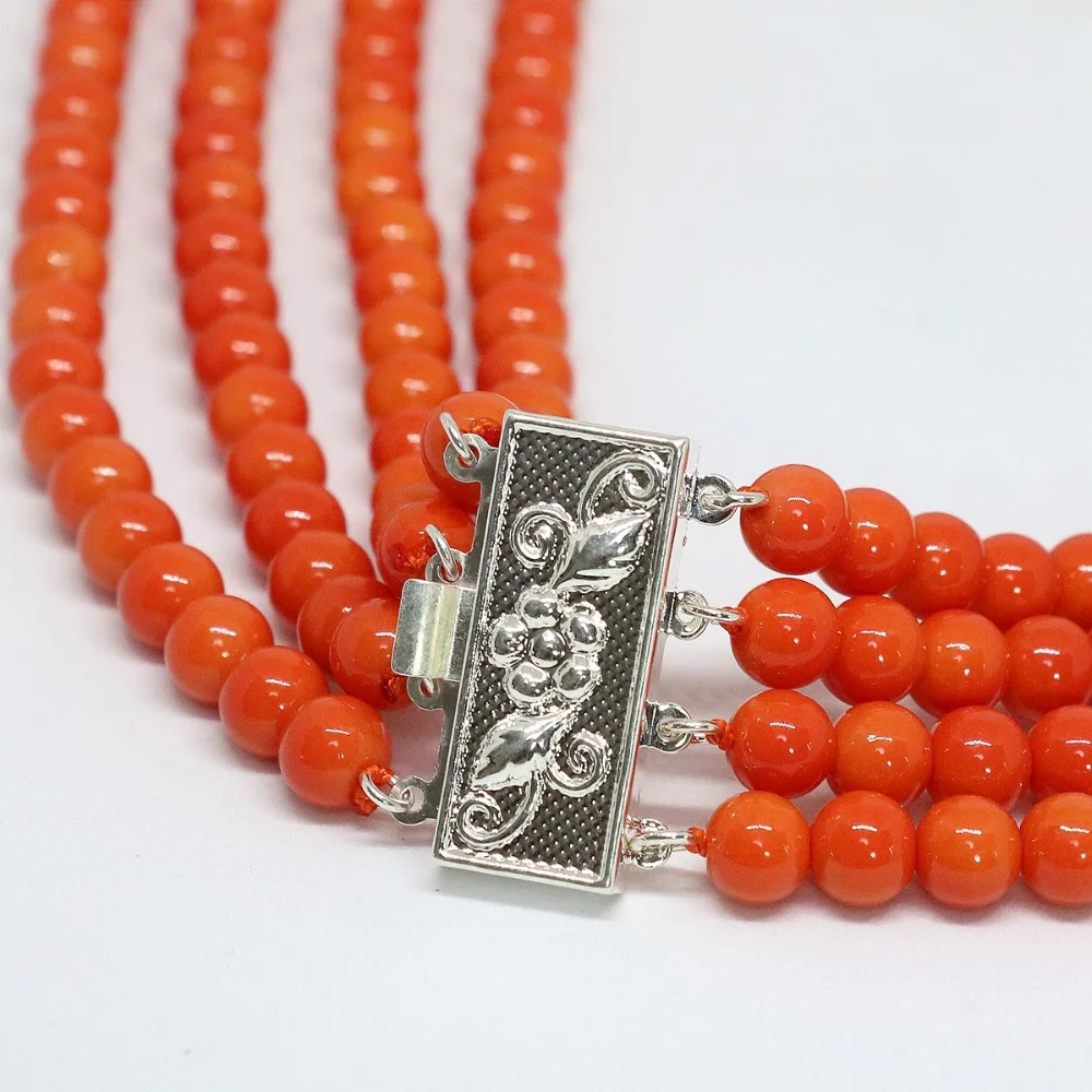Newly amazing 4 rows imitation pink orange 6mm high grade round beads coral chain beauty necklace jewelry 17-20inch B1452