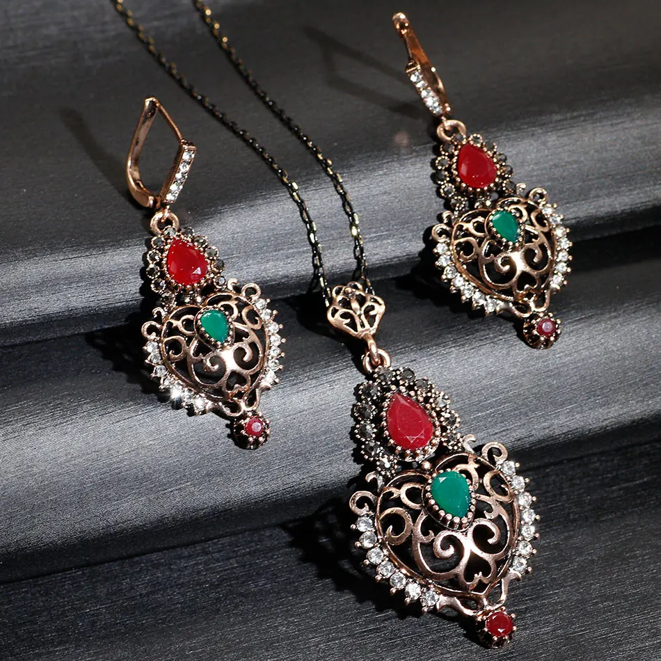 Sunspicems Antique Gold Color Turkish Women Flower Necklace Drop Earring Sets Metal Arabesque Arabic Ethnic Banquet Jewelry Gift