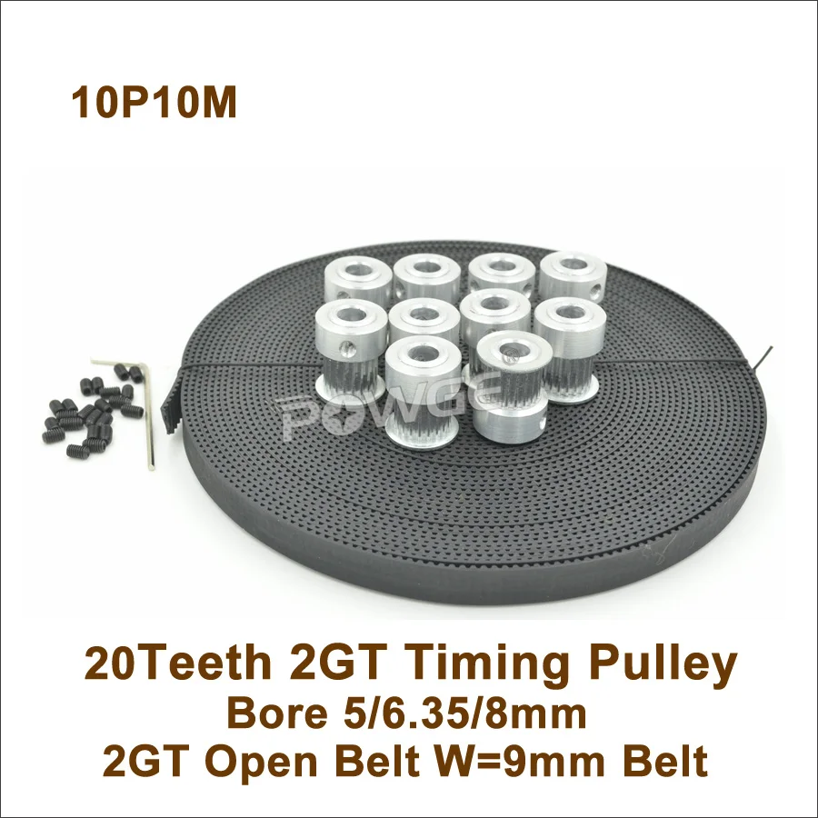 

POWGE 10pcs 20 Teeth 2GT Timing Pulley Bore 5/6.35/8mm + 10meters GT2 Synchronous Belt W=9mm 20T 20Teeth GT2 Timing Belt Pulley