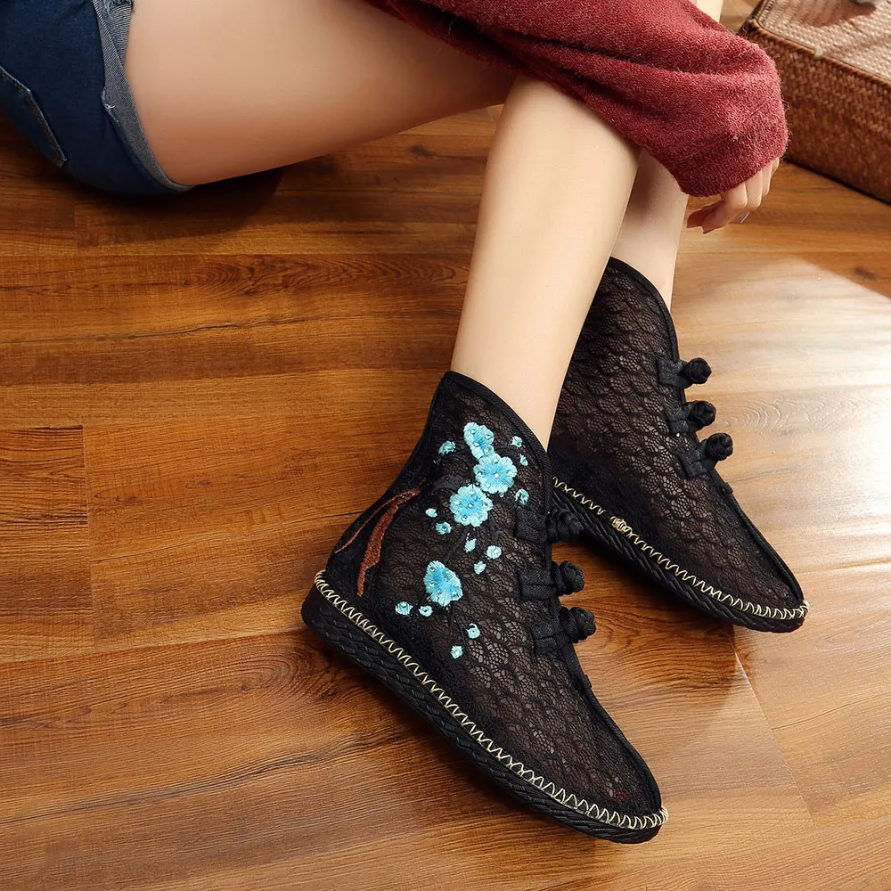 Veowalk Summer Spring Women Lace Fabric Short Boots, Breathable Cotton Embroidered Ankle Booties for Ladies Vintage Flat Shoes