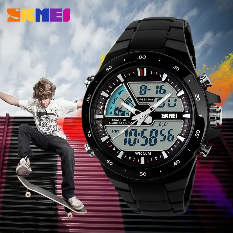 SKMEI military Male Sports Watches Chrono Calendar 30M Waterproof 2 Time Male Quartz Clock Digital Wristwatch reloj hombre 1016