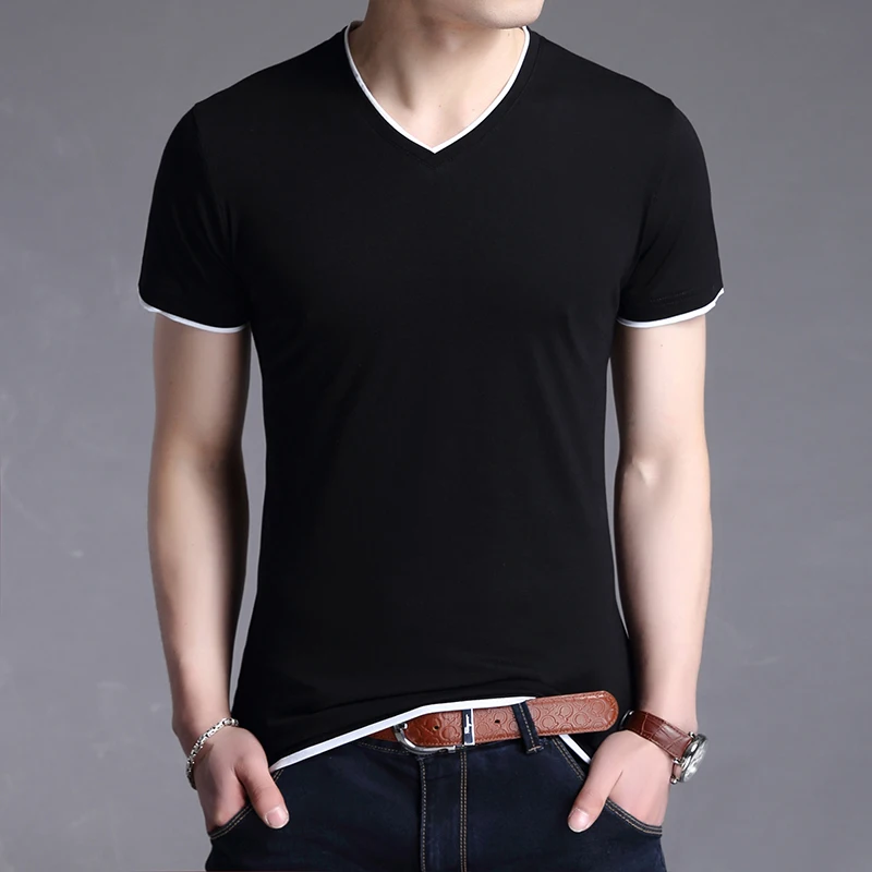 2023 New Fashion Brand T Shirt Men V Neck Solid Color Trends Streetwear Tops Summer Cotton  Short Sleeve T-Shirt Mens Clothing