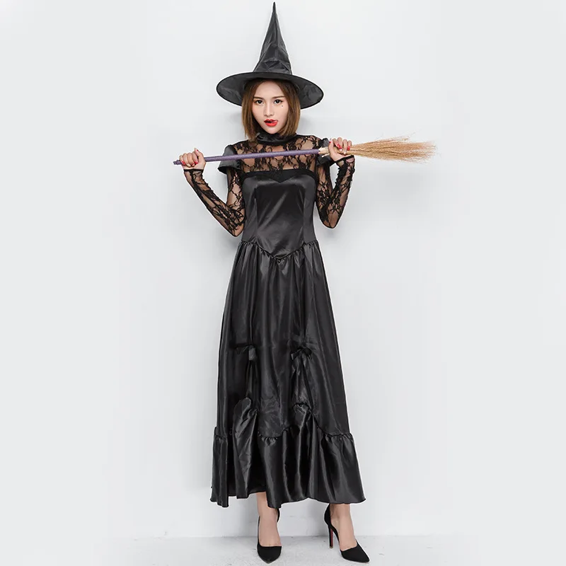 Dorosłe kobiety Gothic Halloween Morticia Addams duch czarownica kostium Horror czarna koronkowa sukienka na podłodze suknia szata ubrania dla pań