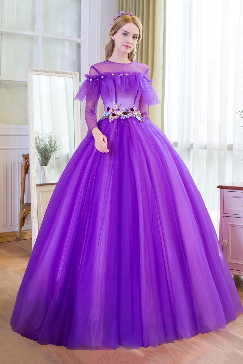 100%real purple long sleeve flower ruffled waist court theme medieval dress ball gown Sissi princess Victoria/ Belle Ball