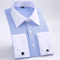 Camisa masculina clássica francesa de abotoaduras, camisas formais da marca para homens, vestido manga longa, nova