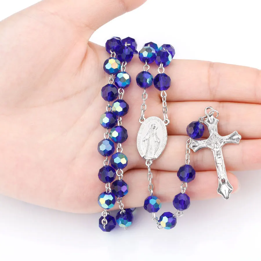 Blue Crystal Beads Rosary Necklace Jesus Christ Crucifix Cross Pendant  Long Necklaces for Religious Christians Mother Gift