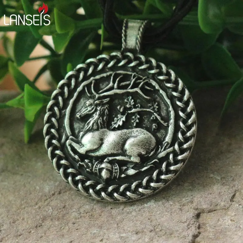 

lanseis 10pcs Oak and the Antler Ornament of a deer lying in a circle of oak jewelry animal deer pendant viking women necklace