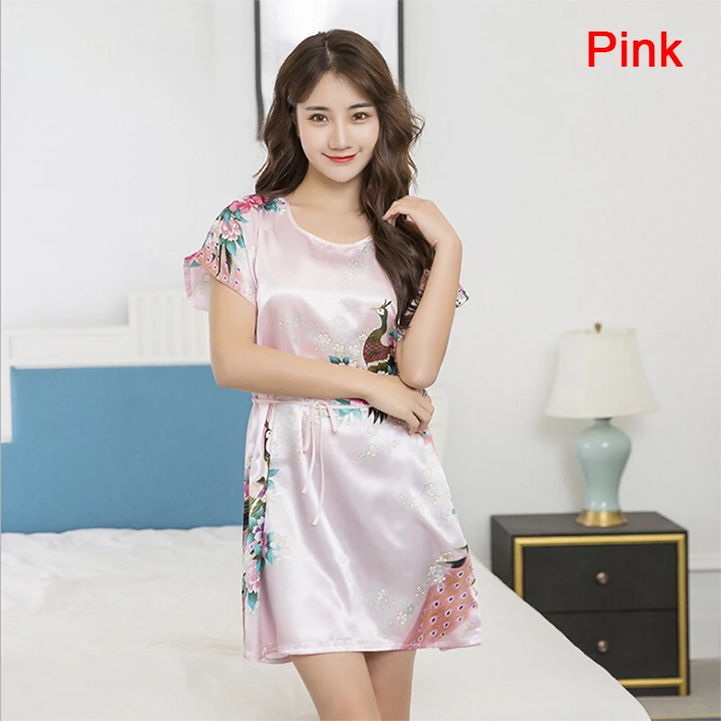 Women Soft Silk Sleepwear Imitated Sleep Floral Dress Strip Tunic Homewear Plus Size Sleepwear Breathable Casual Leisure Wear