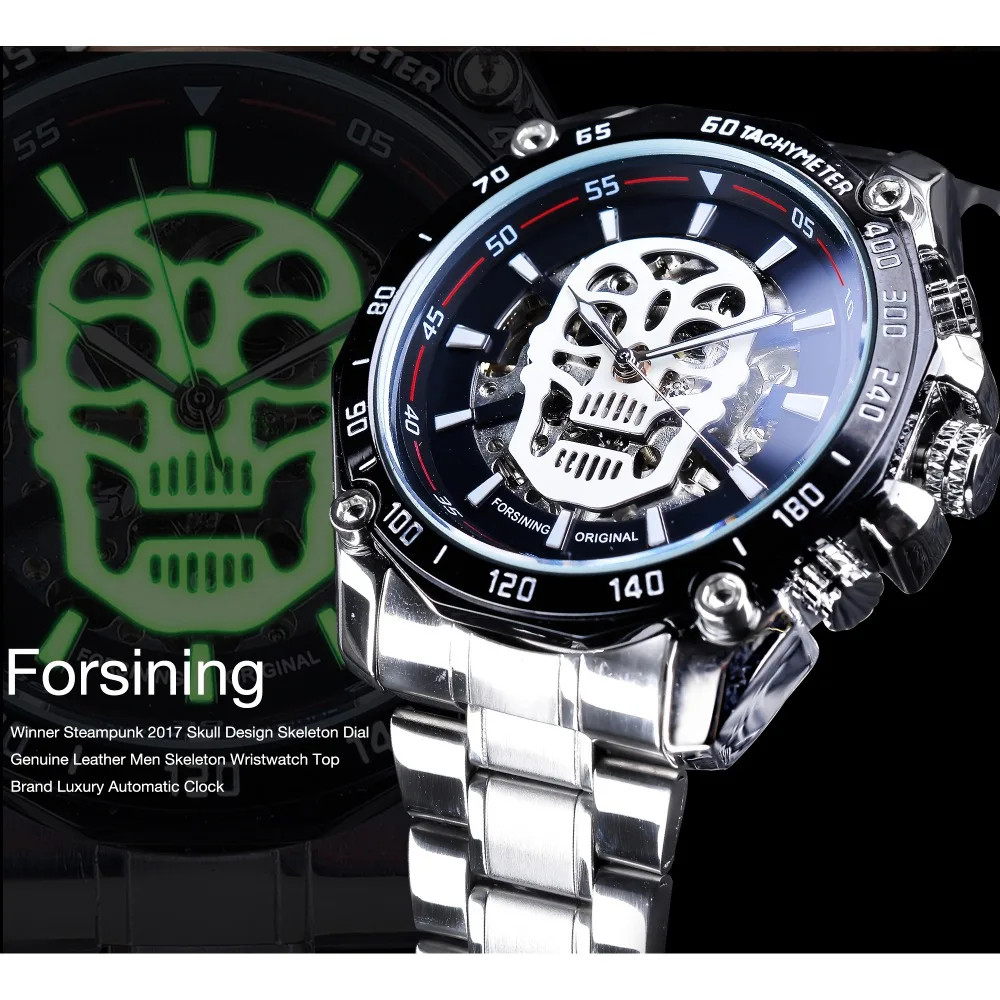 Forsining – montre-bracelet en acier inoxydable pour hommes, accessoire de luxe, avec squelette mécanique, Design crâne lumineux, marque supérieure