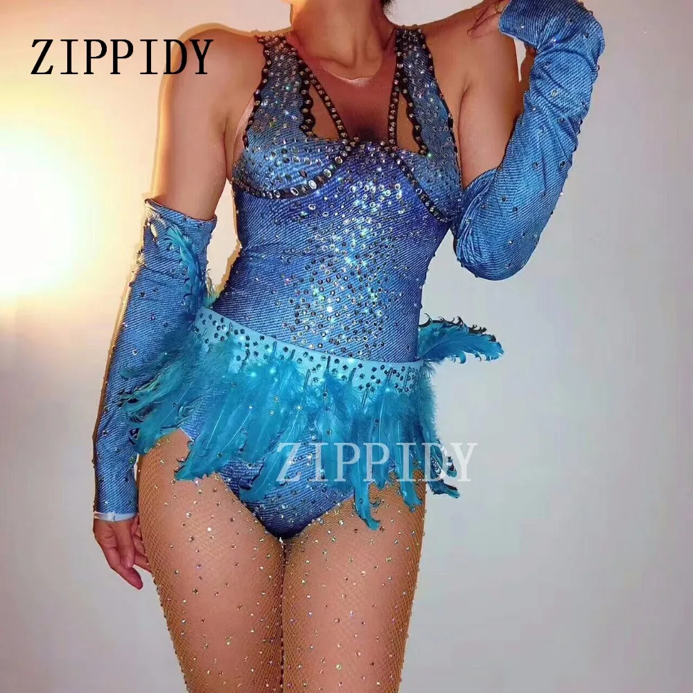 Body Sexy bleu avec plumes et strass, pour discothèque, Gogo Dance, Dj, chanteur, gants, Leotard, tenue de spectacle sur scène, Costume