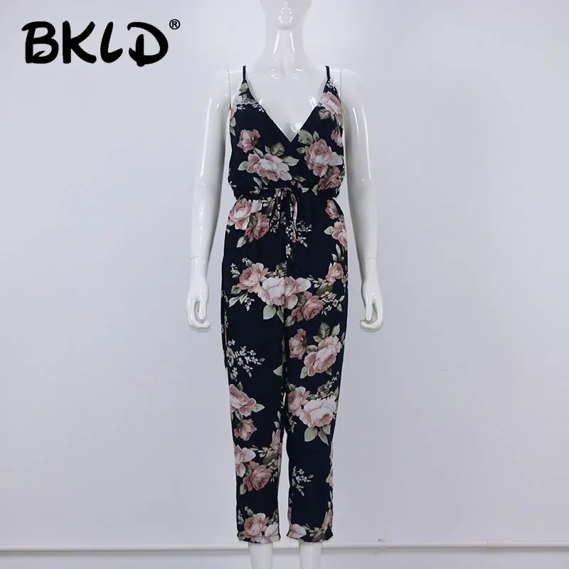 BKLD 2025 Celana Kodok Kerah V Tanpa Lengan Kasual Wanita Musim Panas Celana Panjang Kaki Lebar Motif Bunga Boho Wanita Mode Baju Monyet Punggung Terbuka