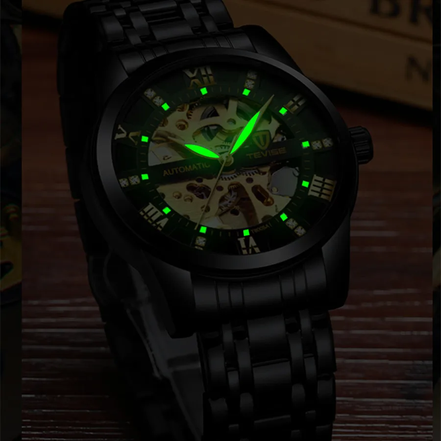Automatic Skeleton Watches TEVISE T9005A Diamond Scale Luminous Hands Men Watch Mechanical Male Clock Classic Wristwatches 2024