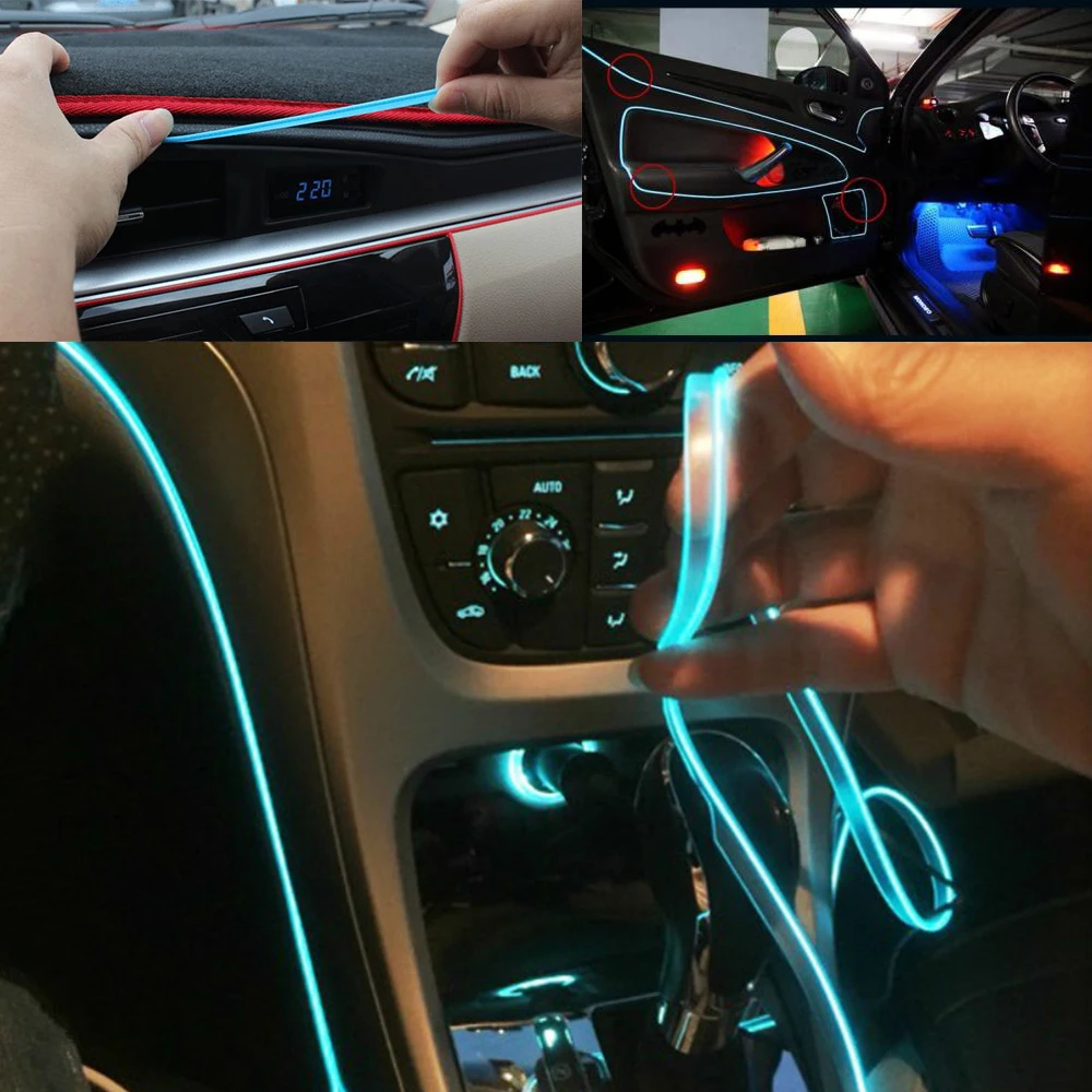 DIY 2M3M5M Car Interior Lighting Auto  Strip Garland EL Wire Rope Tube Line flexible Neon Light With 12V USB Cigarette Drive D35