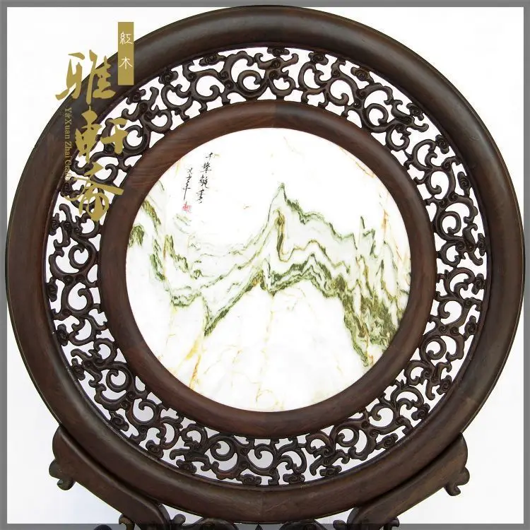 H Gallery] mahogany crafts Zhai black Catalpol woodcarving gift table screen 60cm round Marble Plaque