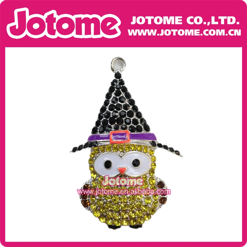 Hot Sale Halloween rhinestone enamel  cartoon hat owl bird charms pendant necklace jewelry