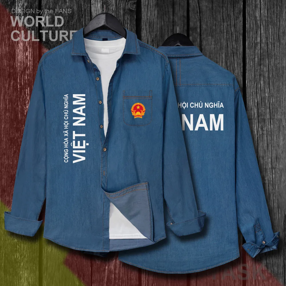 

VietNam VietNamese Viet Nam VNM VN Men Nation Clothes Autumn Jacket Long Sleeve Cowboy Fashion Turn-down Collar Jeans Shirt 20