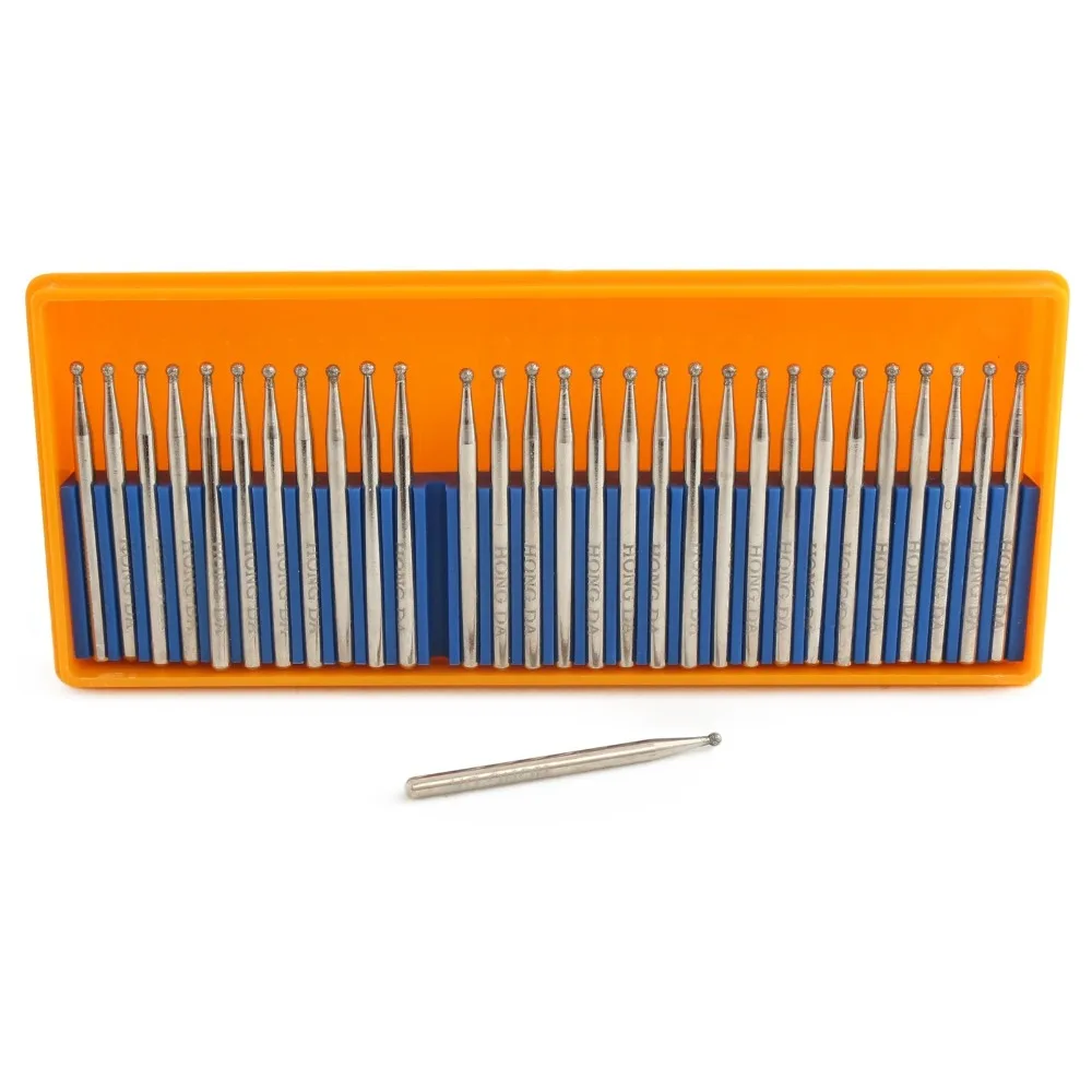 30 pz fresa diamante testa di molatura forma rotonda 1 1.5 2 2.5 3mm bit rivestito palla intaglio sbavature gambo 2.3 strumenti per pietra