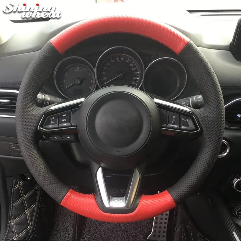 Shining wheat Black Leather Red PU Carbon Fiber Steering Wheel Cover for Mazda 3 CX-5 2017 Mazda CX-9 2016 2017