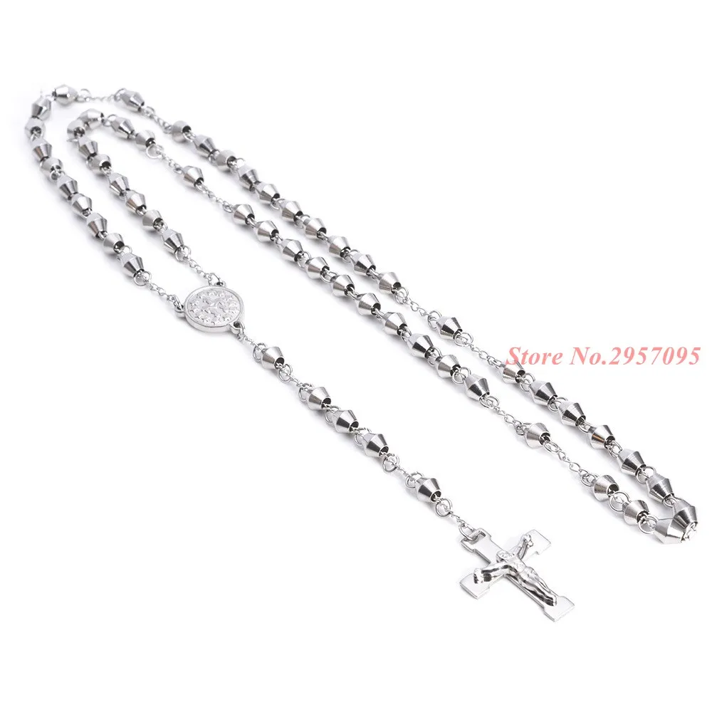 Womens Mens Necklace 4/6mm Stainless Steel Bead Rosary Chain Jesus Christ Cross Pendant Charm Jewelry