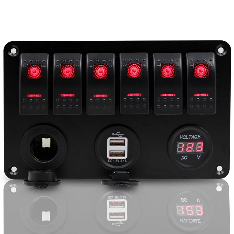 

1set 6 Gang LED Rocker Switch Dual USB Voltmeter Power Socket Panel Car Marine Boat