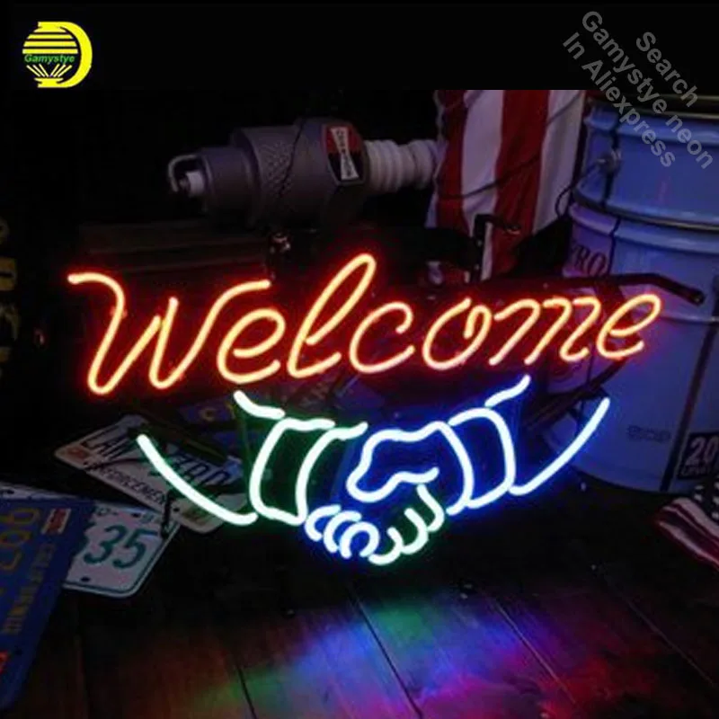 

Welcome hand by hand Neon Sign Lamp GLASS Tube Handcraft Room Light Signs advertise lamp neon Lamps For Wall Retro Inside Decor