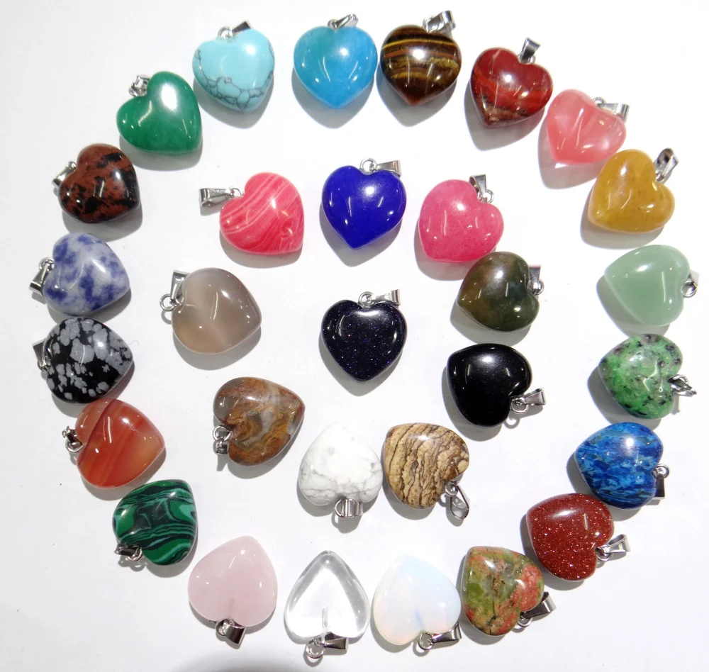 16mm Natural stone Turquoises  Opal Quartz crystal tiger eye charm heart pendant diy jewelry making Necklace Accessories 30pcs