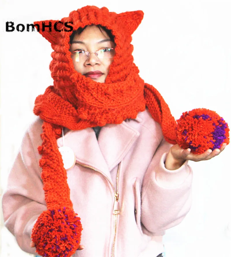 

BomHCS 11 Colors Beautiful Big Scarf with Cute Ears Beanie 100% Handmade Knitted Ladies Fox Ears Neckerchief Hat