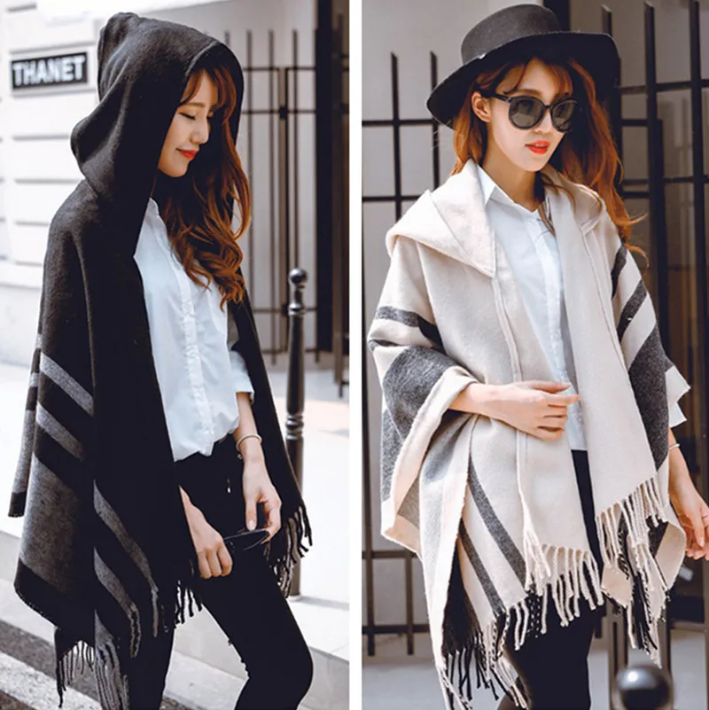 

2022 Jacquard Hooded Poncho Women Striped Chal Sweaters Plus Size Scarves Tassel Pashmina Mantilla Warm Pallium Winter Echarpes