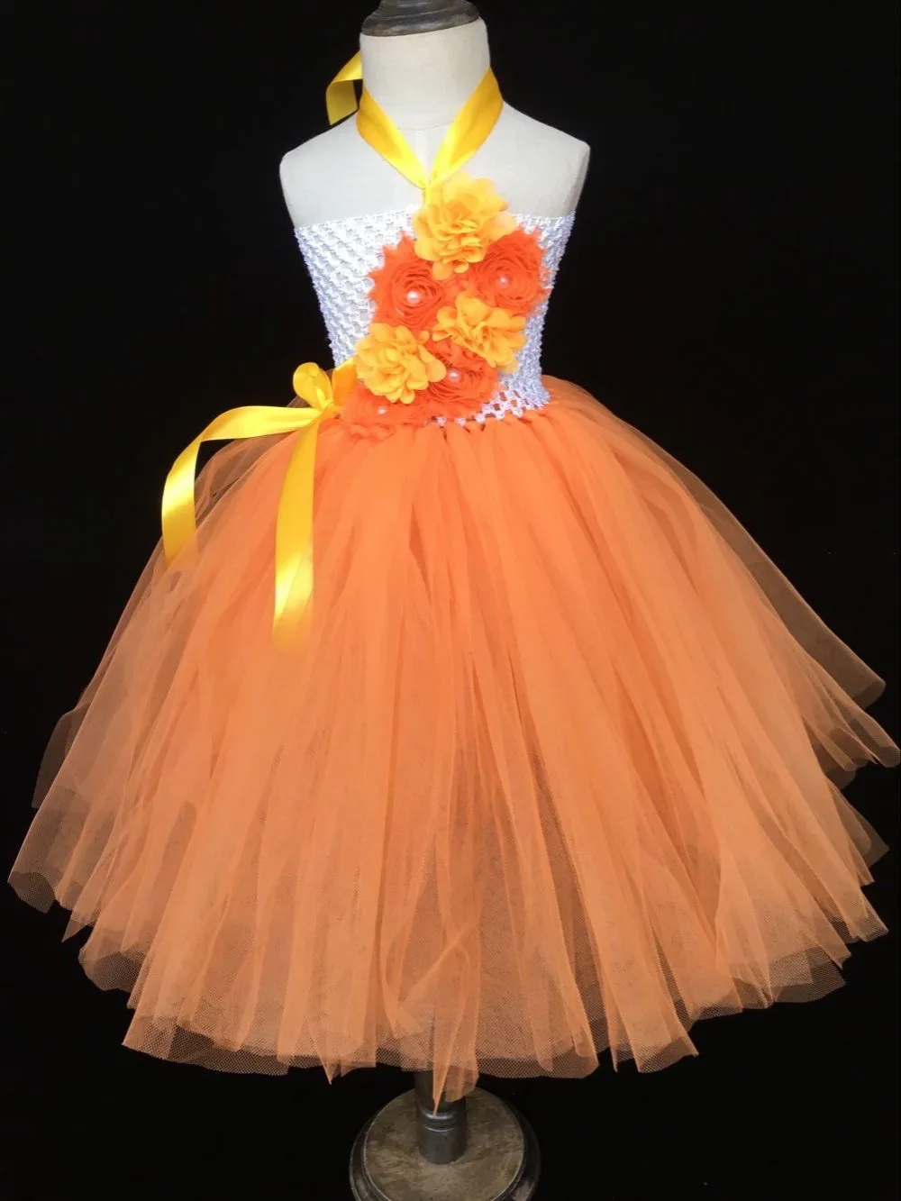 Baby Girls Orange Flower Tutu Dress Kids Crochet Tulle Dress Ball Gown with Ribbon Bow and Headband Children Wedding Party Dress