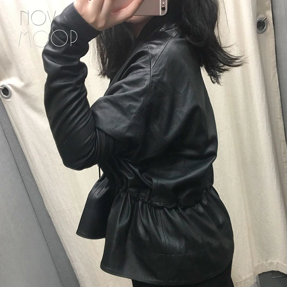 Women black genuine leather corrected grain lambskin leather coats jacket tie waist elasticized rib knit panel at sleeve  LT2477