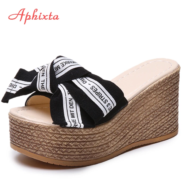 Aphixta platformy kapcie na platformie kobiety buty outdoorowe Clog Riband Butterfly-knot sandały dziewczyny Flip Flop slajdy Pantoufle Femme