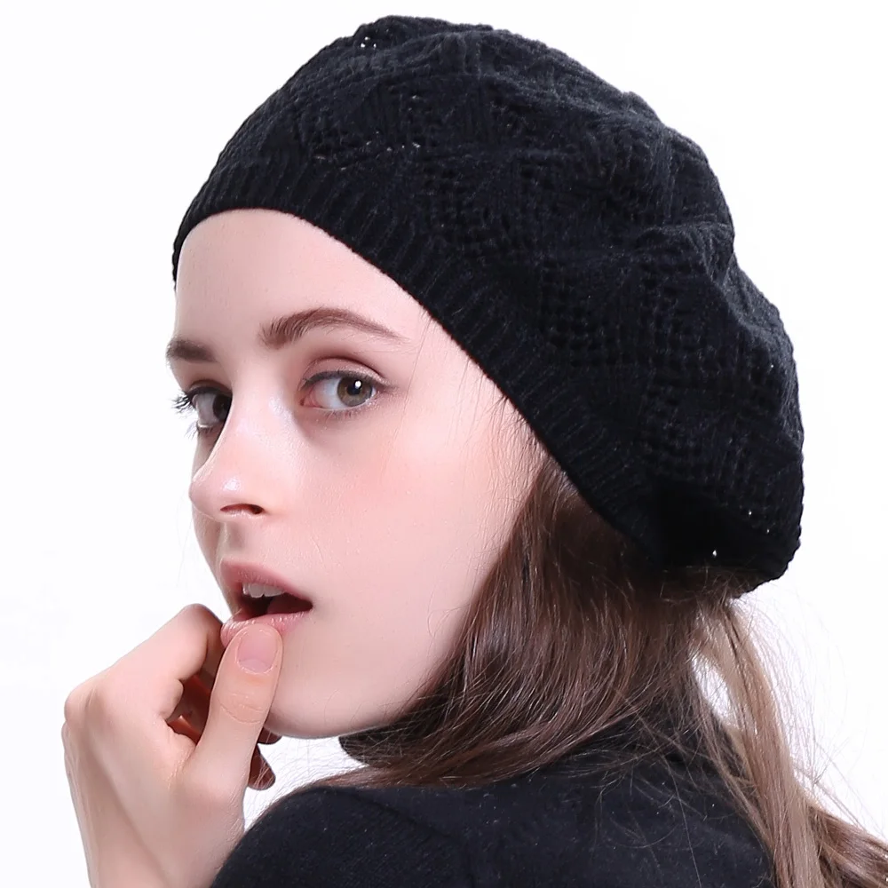 Geebro Women's Plain Color Knit Beret Hat Spring Casual Thin Acrylic Berets for Women Ladies French Artist Beanie Beret Hats