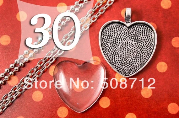 

30sets DIY 1 Inch Pendant Kits Antique Silver Heart 25 mm Pendant Tray with matching Chain and Glass