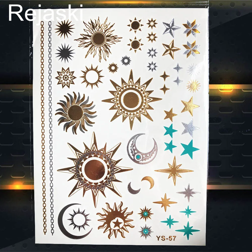 Gold Sun Moon Metallic Waterproof Tattoo Flower Girl Hand Temporary Tattoo Sticker Star Body Art Flash Fake Tatto Bracelet Women