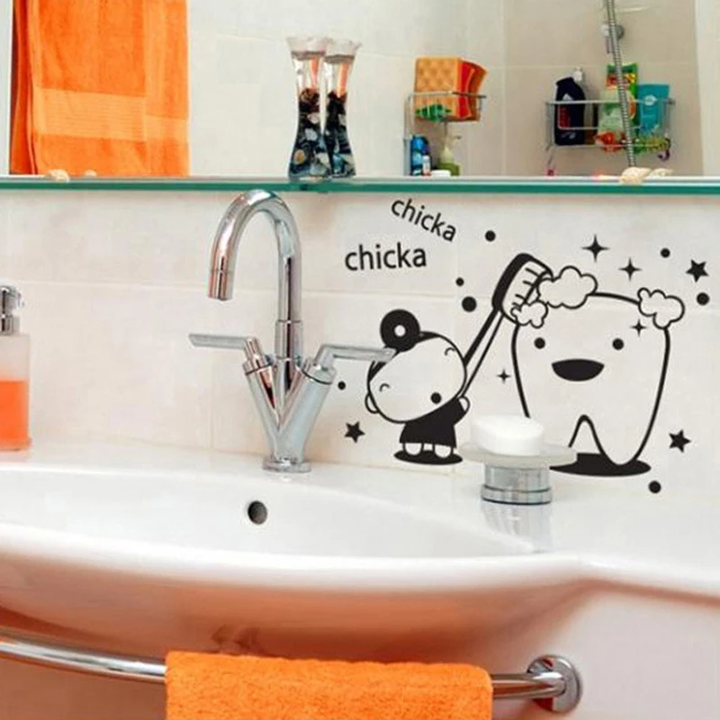 Glass Funny Kids Brushing Chicka Chicka Wall Stickers Waterproof For Baby Bathroom Decor Cute Sink Stickers Wall Art Decals