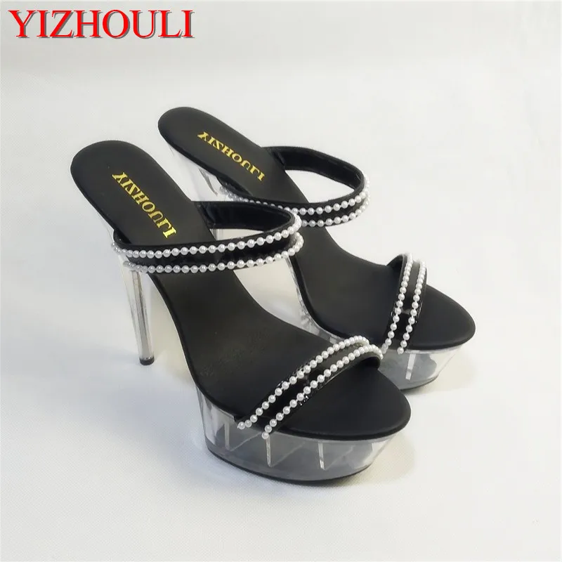 

Fashion women's glass slippers noble fashion transparent floor 15cm high-heeled sandals, beaded decorative slippers