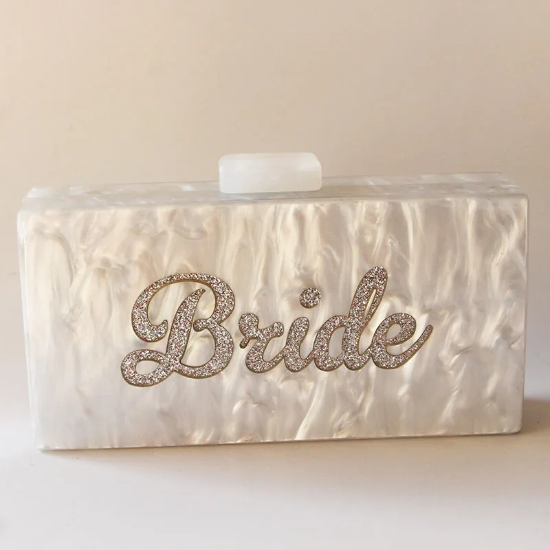 Pearl White with Silver Glitter Name Bride Acrylic Box Clutches Bags Ladies Evening Handbags Fashion Handmade Claps Beach Clutch